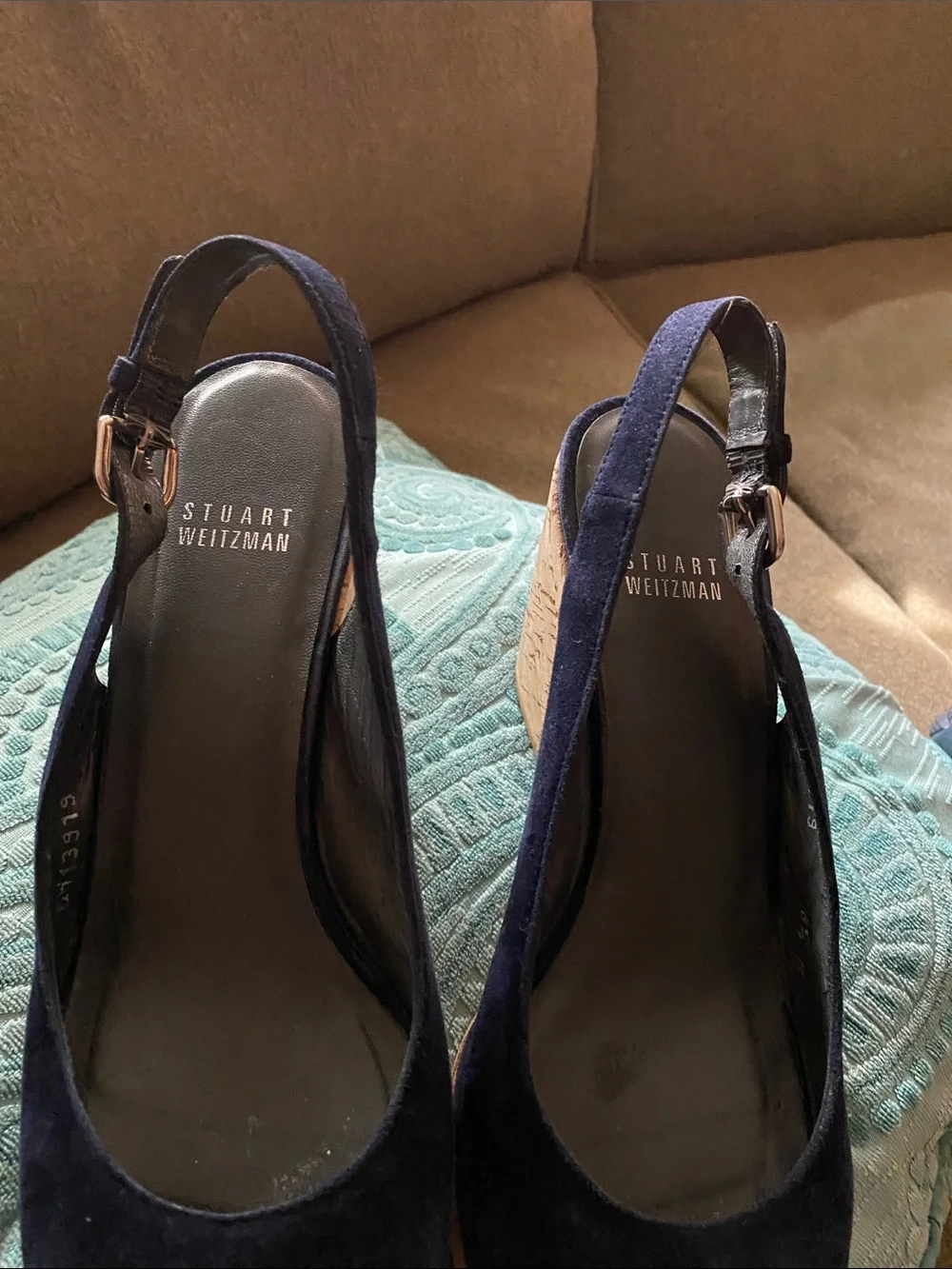 Stuart Weitzman Navy Suede Peep-Toe Slingback Wedges with Cork Platform